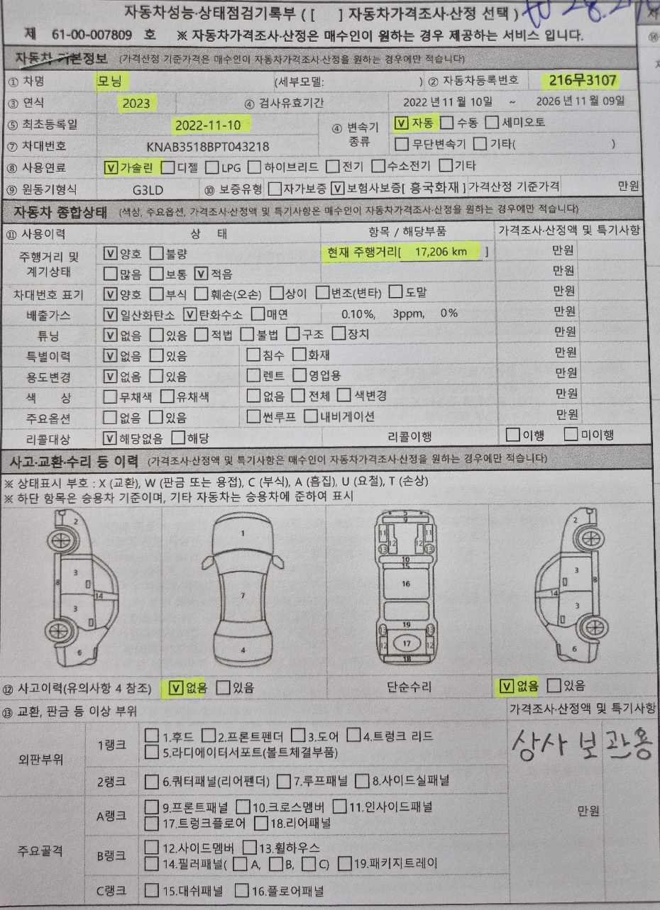 Kia morning 2023 — inspection photo 1